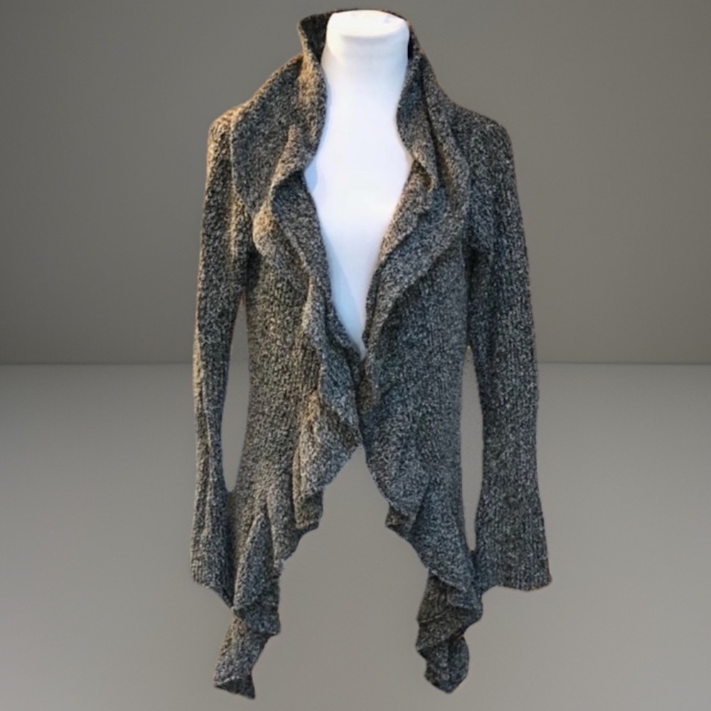 Vintage Boho CHIC M Gray Draping Front Hi Lo RuffleLayering Sweater Jacket